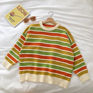 New Women Stripe Sweater Autumn Winter Loose Long Sleeve Pullover Tops Korean Ladies Knitted Patchwork Korean Fashion Sweaters