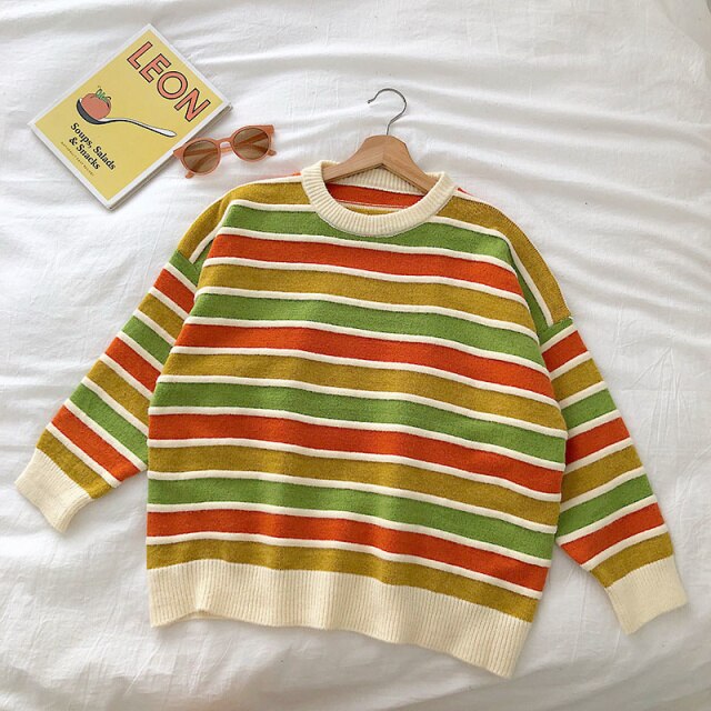 New Women Stripe Sweater Autumn Winter Loose Long Sleeve Pullover Tops Korean Ladies Knitted Patchwork Korean Fashion Sweaters