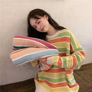 New Women Stripe Sweater Autumn Winter Loose Long Sleeve Pullover Tops Korean Ladies Knitted Patchwork Korean Fashion Sweaters