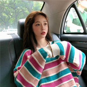 New Women Stripe Sweater Autumn Winter Loose Long Sleeve Pullover Tops Korean Ladies Knitted Patchwork Korean Fashion Sweaters