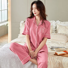 Load image into Gallery viewer, New Women Sweet Style O-Neck Short Sleeve Pocket Homewear Sets Summer Cardigan Long Pant Sleepwear Loose Elastic Waist Pajamas
