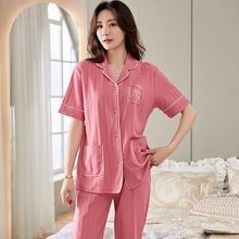 Load image into Gallery viewer, New Women Sweet Style O-Neck Short Sleeve Pocket Homewear Sets Summer Cardigan Long Pant Sleepwear Loose Elastic Waist Pajamas