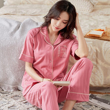 Load image into Gallery viewer, New Women Sweet Style O-Neck Short Sleeve Pocket Homewear Sets Summer Cardigan Long Pant Sleepwear Loose Elastic Waist Pajamas