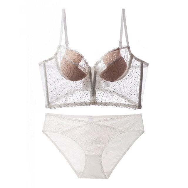 New Women Underwear Sexy Transparent Lace Bra Set Summer Thin Cup Ultra Wide Tops Fashion Deep V Hollow Body Shaper Lingerie