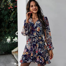 Load image into Gallery viewer, New Women&#39;s 2021 Spring Autumn V-Neck Long-Sleeved Chiffon Printed Dress Women Vintage Print Lace-Up Ruffle Stitching Dresses