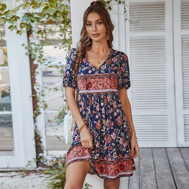 New Women's Casual Floral Print V Neck Dress Spring Summer Short Sleeve Loose Lace Up Pullover High Waist Female Mini Vestidos