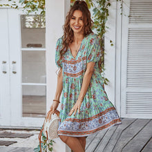 Load image into Gallery viewer, New Women&#39;s Casual Floral Print V Neck Dress Spring Summer Short Sleeve Loose Lace Up Pullover High Waist Female Mini Vestidos