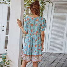 Load image into Gallery viewer, New Women&#39;s Casual Floral Print V Neck Dress Spring Summer Short Sleeve Loose Lace Up Pullover High Waist Female Mini Vestidos