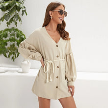 Load image into Gallery viewer, New Women&#39;s Dress Casual V Neck Buttons Single-Breasted Belt Casual Long Lantern Sleeves Mini Dress Autumn Female Vestidos Robe