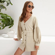 Load image into Gallery viewer, New Women&#39;s Dress Casual V Neck Buttons Single-Breasted Belt Casual Long Lantern Sleeves Mini Dress Autumn Female Vestidos Robe