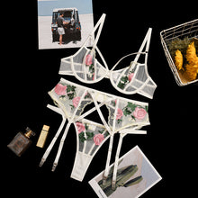 Load image into Gallery viewer, New Women Embroidered Lace Underwear Set Underwire Gathered Bra Sexy Garters Mesh See-through Thong Sexy Lingerie 3PCS Set