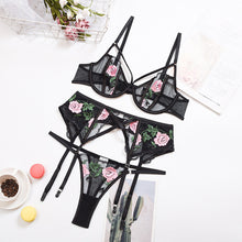 Load image into Gallery viewer, New Women Embroidered Lace Underwear Set Underwire Gathered Bra Sexy Garters Mesh See-through Thong Sexy Lingerie 3PCS Set