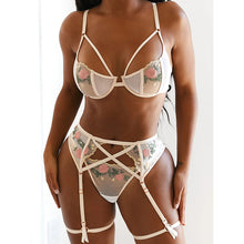Load image into Gallery viewer, New Women Embroidered Lace Underwear Set Underwire Gathered Bra Sexy Garters Mesh See-through Thong Sexy Lingerie 3PCS Set