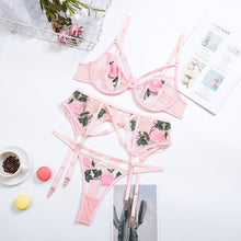 Load image into Gallery viewer, New Women Embroidered Lace Underwear Set Underwire Gathered Bra Sexy Garters Mesh See-through Thong Sexy Lingerie 3PCS Set