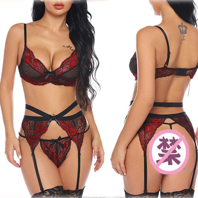 New Women's Fashion Sexy Hollow Lace Sexy Ultra-Thin Women's Three-Piece Suit Plus Size Lingere  Exotic Lingerie  Lace Lingerie
