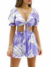 Load image into Gallery viewer, New Women&#39;s Lace-up Bubble Sleeve Short Sleeve Printing Suit Shorts Two-piece V-neck Blouse Women Sweat Suit Set Female set