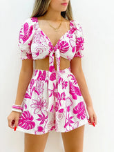 Load image into Gallery viewer, New Women&#39;s Lace-up Bubble Sleeve Short Sleeve Printing Suit Shorts Two-piece V-neck Blouse Women Sweat Suit Set Female set