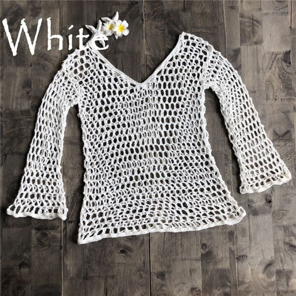 New Women's Mesh Bikini Cover Up Ladies Lace Crochet Swimsuit Bathing Slash Neck Fishnet Sexy Summer Beach Swimwear Cover-Ups