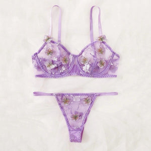New Women Sexy Lingerie Set Mesh See-through Butterfly Embroidery Underwear Sensual Underwire Bra And Thong Erotic Costumes
