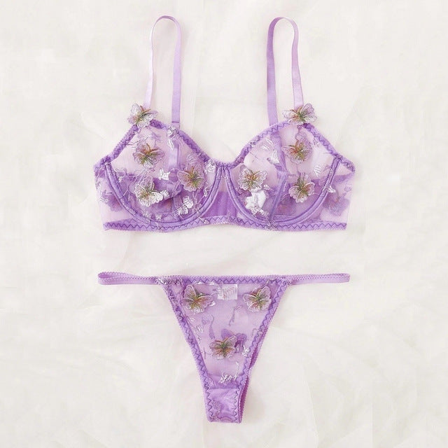 New Women Sexy Lingerie Set Mesh See-through Butterfly Embroidery Underwear Sensual Underwire Bra And Thong Erotic Costumes