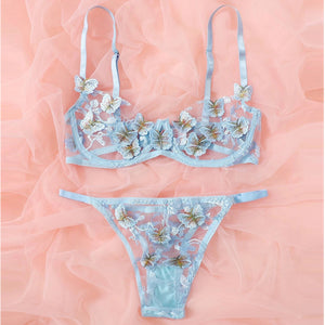 New Women Sexy Lingerie Set Mesh See-through Butterfly Embroidery Underwear Sensual Underwire Bra And Thong Erotic Costumes