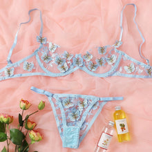 Load image into Gallery viewer, New Women Sexy Lingerie Set Mesh See-through Butterfly Embroidery Underwear Sensual Underwire Bra And Thong Erotic Costumes