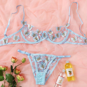 New Women Sexy Lingerie Set Mesh See-through Butterfly Embroidery Underwear Sensual Underwire Bra And Thong Erotic Costumes