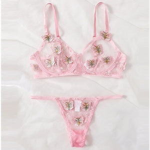 New Women Sexy Lingerie Set Mesh See-through Butterfly Embroidery Underwear Sensual Underwire Bra And Thong Erotic Costumes