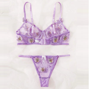 New Women Sexy Lingerie Set Mesh See-through Butterfly Embroidery Underwear Sensual Underwire Bra And Thong Erotic Costumes
