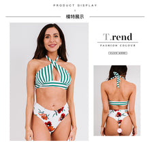 Load image into Gallery viewer, New Women Sexy Swimsuit Stripe Print Split Swimwear Cross Neck Hollow-out Backless Girls Bikini Two Piece Thong Bathing Trunks