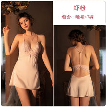 Load image into Gallery viewer, New Women sexy V-neck satin stitching lace backless sling short skirt nightgown T pants home set sleepwear nightdress M L
