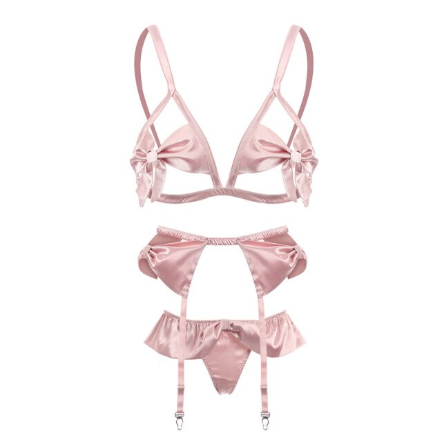 New with Garter Belt Women Transparent Underwear Women Set  Style Three-piece Lace Embroidered Sexy Lingerie Erotic Bra