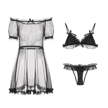 Load image into Gallery viewer, New women gauze perspective bow shoulder sexy three hot temptation set of three exotic Nightdress bras panties see through cute