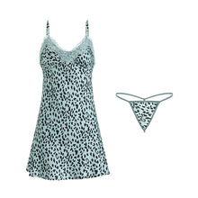 Load image into Gallery viewer, New women sexy nightdress lace satin ladies nightgown leopard suspender skirt thong V-neck sleepwear suit 1162 femme lingerie