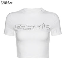 Load image into Gallery viewer, Nibber black Letter Rhinestone cotton T Shirts women summer Navel Bare Cropped Streetwear Fashion Top Tee Slim Fit Short T-shirt
