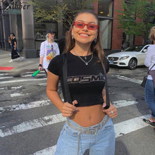 Load image into Gallery viewer, Nibber black Letter Rhinestone cotton T Shirts women summer Navel Bare Cropped Streetwear Fashion Top Tee Slim Fit Short T-shirt