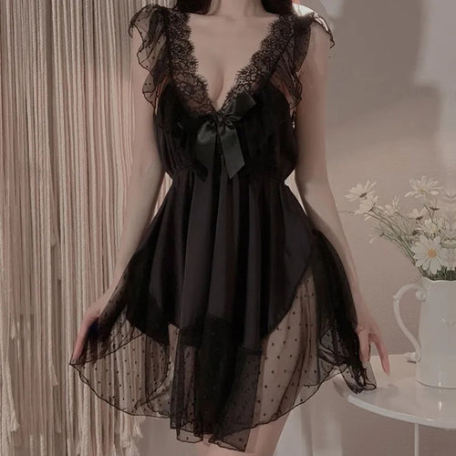 Night Dress Women Sexy Lingerie Pajamas Summer Thin Lace Suspenders Nightdress V-Neck Fashion Dress Pure Desire Wind Home Wear