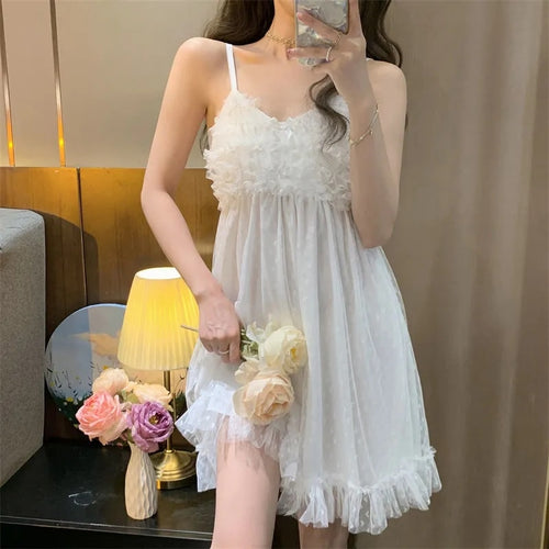 Night Dress Women Sexy Sleepwear Summer With Chest Pad Woman Dresses Little Fairy Suspenders Nightdress French Sweet Home Wear