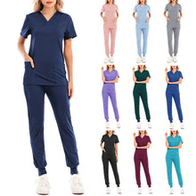 Load image into Gallery viewer, Nursing Uniforms Two Piece Unisex Shorts Scrub Sets Sleeve Pocket Top Tee Loose Pants Beauty Salon Workwear Overalls Plus Size