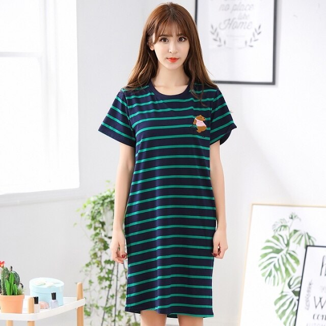 O-Neck Soft Women Sexy Nightgown Cotton Short Sleeve Cartoon Nightdress Sleepwear Summer Night Dress Female Home Clothing M-5XL