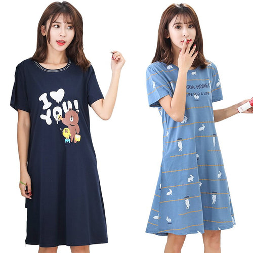 O-Neck Soft Women Sexy Nightgown Cotton Short Sleeve Cartoon Nightdress Sleepwear Summer Night Dress Female Home Clothing M-5XL