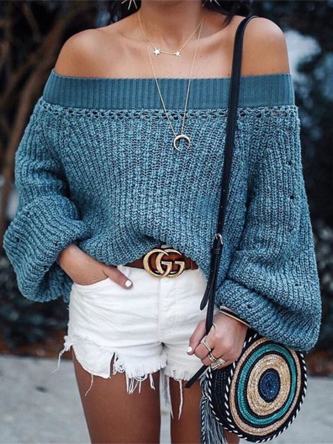 Off Shoulder Sweater Knitwear Korean Fashion Lantern Sleeve Women Sweaters And Pullovers Sexy Winter Knitted Jumpers