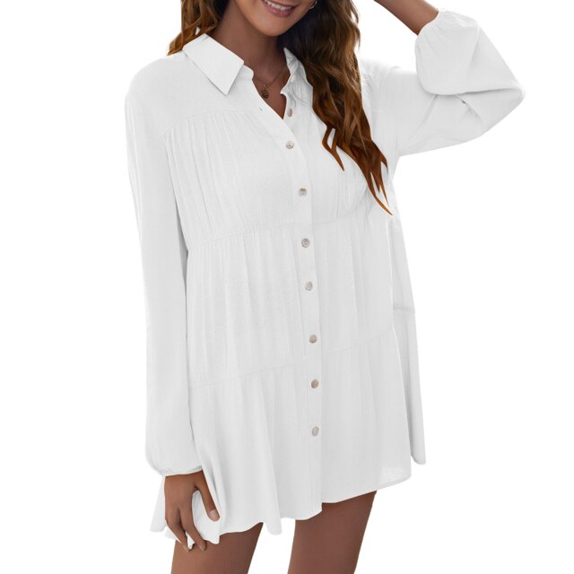 Office Elegant Dress for Women Turn Down Collar Button Down Long Sleeves Ruffles Shirt Dress Loose Casual Mini Dress