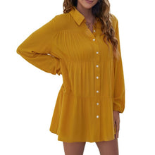 Load image into Gallery viewer, Office Elegant Dress for Women Turn Down Collar Button Down Long Sleeves Ruffles Shirt Dress Loose Casual Mini Dress