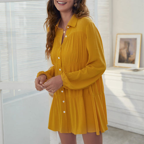 Office Elegant Dress for Women Turn Down Collar Button Down Long Sleeves Ruffles Shirt Dress Loose Casual Mini Dress