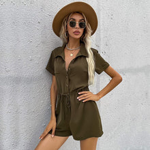 Load image into Gallery viewer, Office Lady Button Patchwork Turn Down Collar Palysuits Army Green Loose Short Sleeve Drawstring High Waist Women Rpmpers