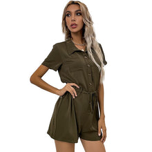 Load image into Gallery viewer, Office Lady Button Patchwork Turn Down Collar Palysuits Army Green Loose Short Sleeve Drawstring High Waist Women Rpmpers