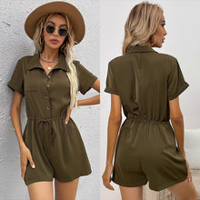 Load image into Gallery viewer, Office Lady Button Patchwork Turn Down Collar Palysuits Army Green Loose Short Sleeve Drawstring High Waist Women Rpmpers