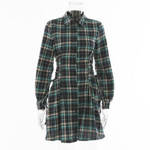 Load image into Gallery viewer, Office Lady Plaid Button Patchwork Female Vestido Green Turn Down Collar Long Sleeve Single Breasted Lace Up Dress High Waist