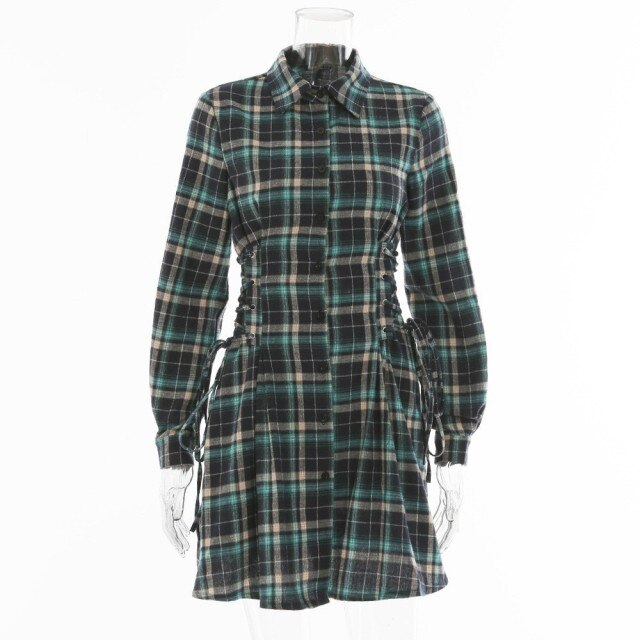Office Lady Plaid Button Patchwork Female Vestido Green Turn Down Collar Long Sleeve Single Breasted Lace Up Dress High Waist